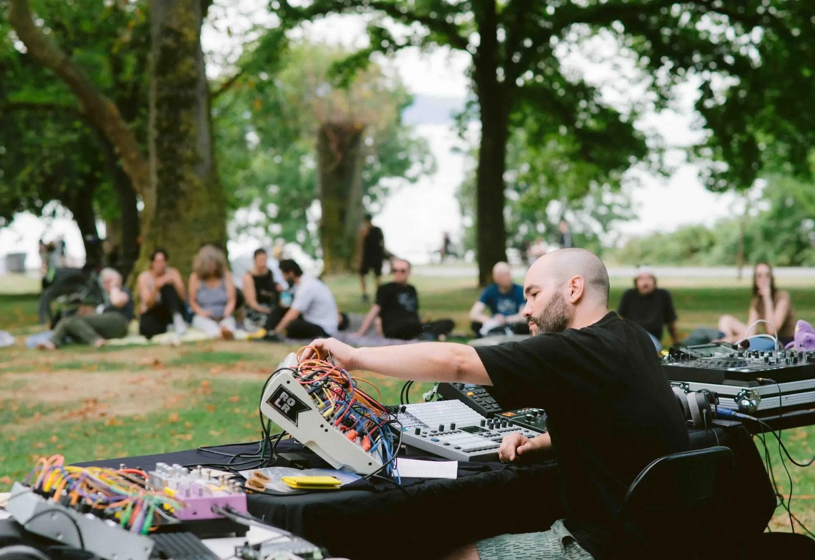 A performer works with modular synthesizers outdoors while audience members sit on the grass behind.