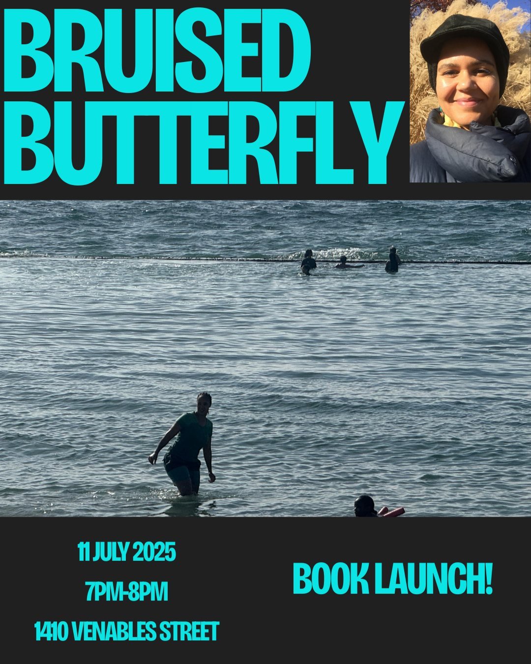 Promotional poster for the Bruised Butterfly book launch, with event date, time, and venue.