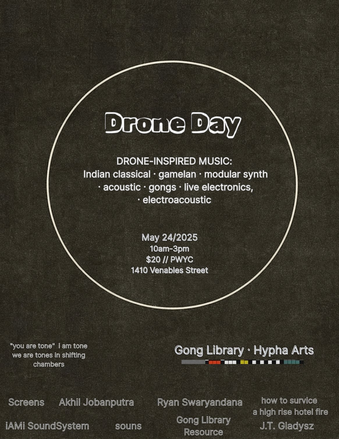 Promotional poster for International Drone Day listing the date, venue, and participating artists.