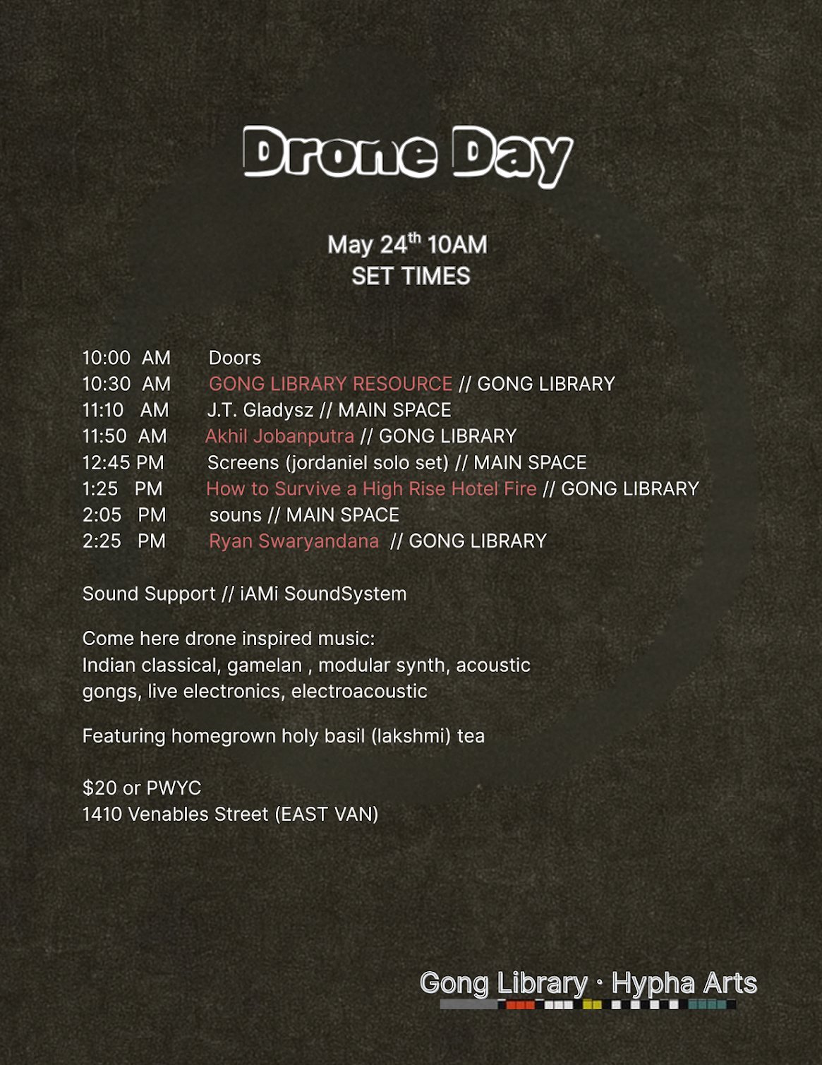 A schedule poster for International Drone Day showing set times and room assignments.