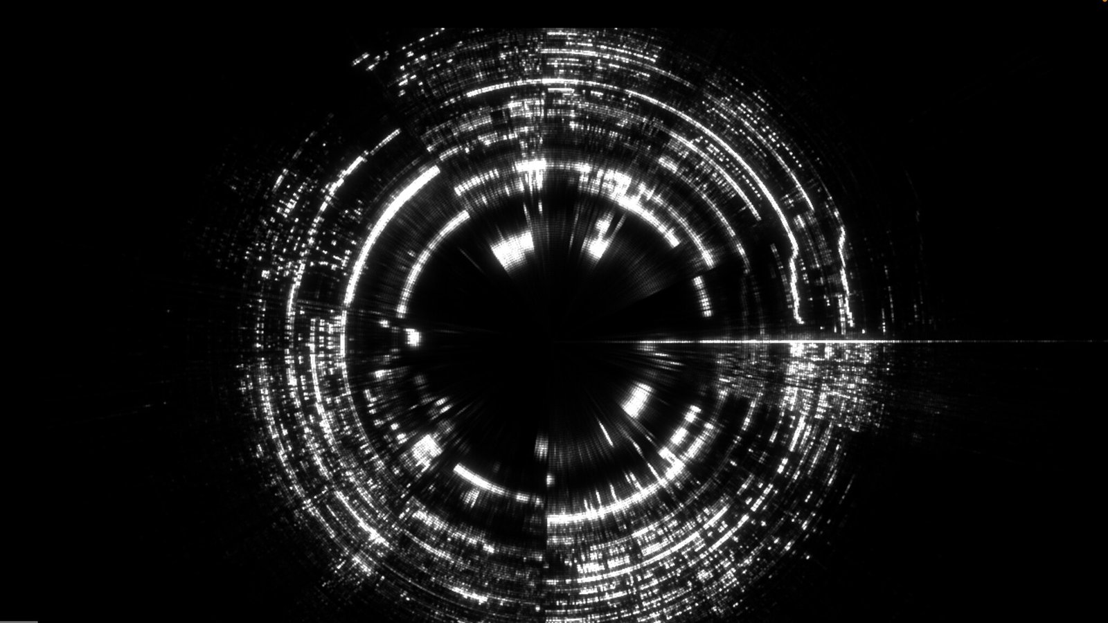 Black-and-white sonic mandala generated from the live ensemble frequencies during Imaginal Airlines Flight A109