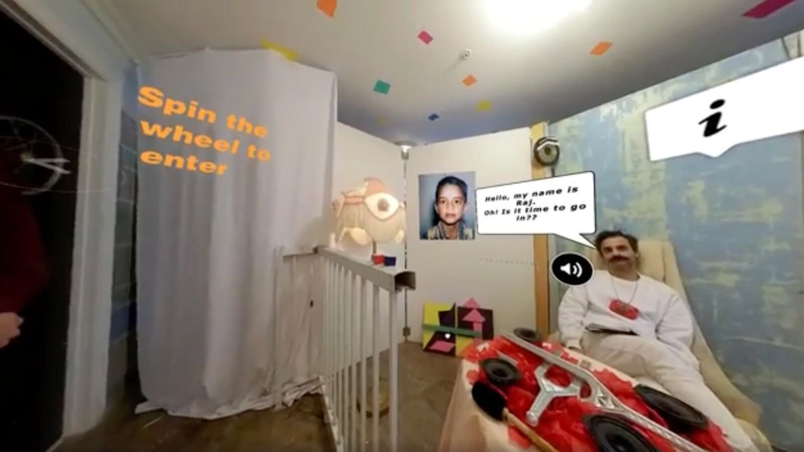 Interactive virtual-tour landing with Raj Gill, navigation prompts, projected text and personal imagery