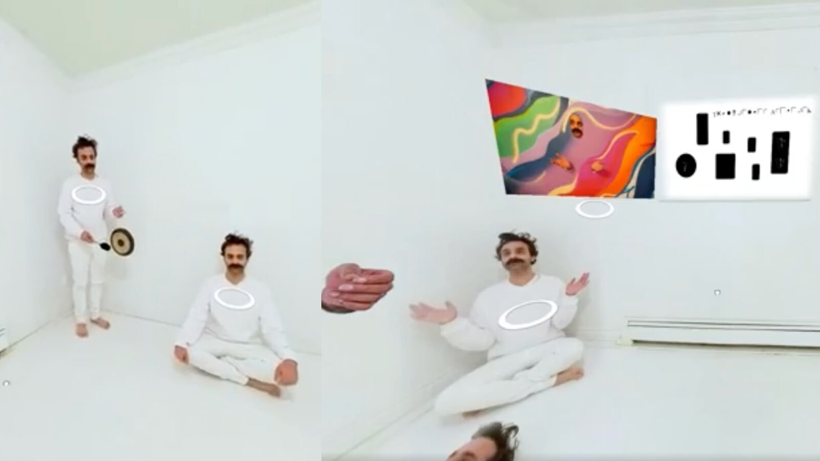 Multiple versions of Raj Gill appearing in the white room alongside digital interface elements and artworks
