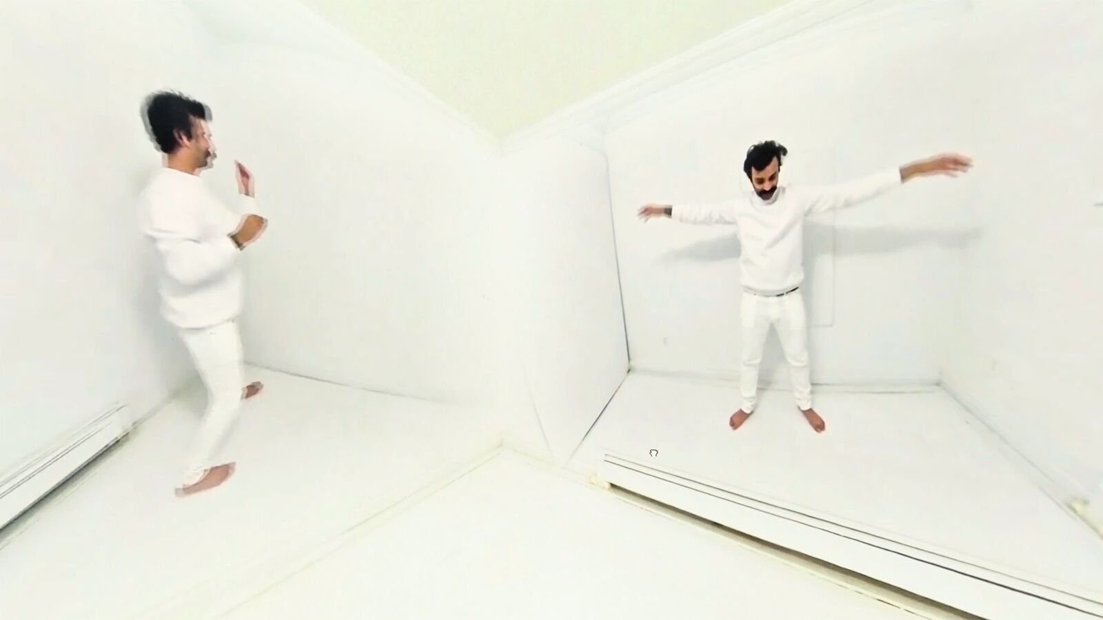 Two overlapping views of Raj Gill moving inside the white room installation