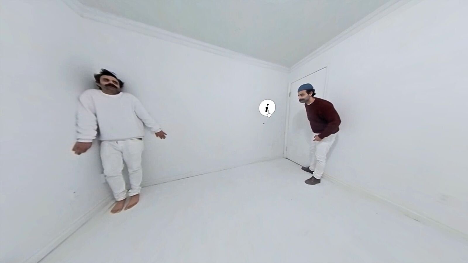 Two contrasting versions of Raj Gill face one another inside a digitally distorted white room