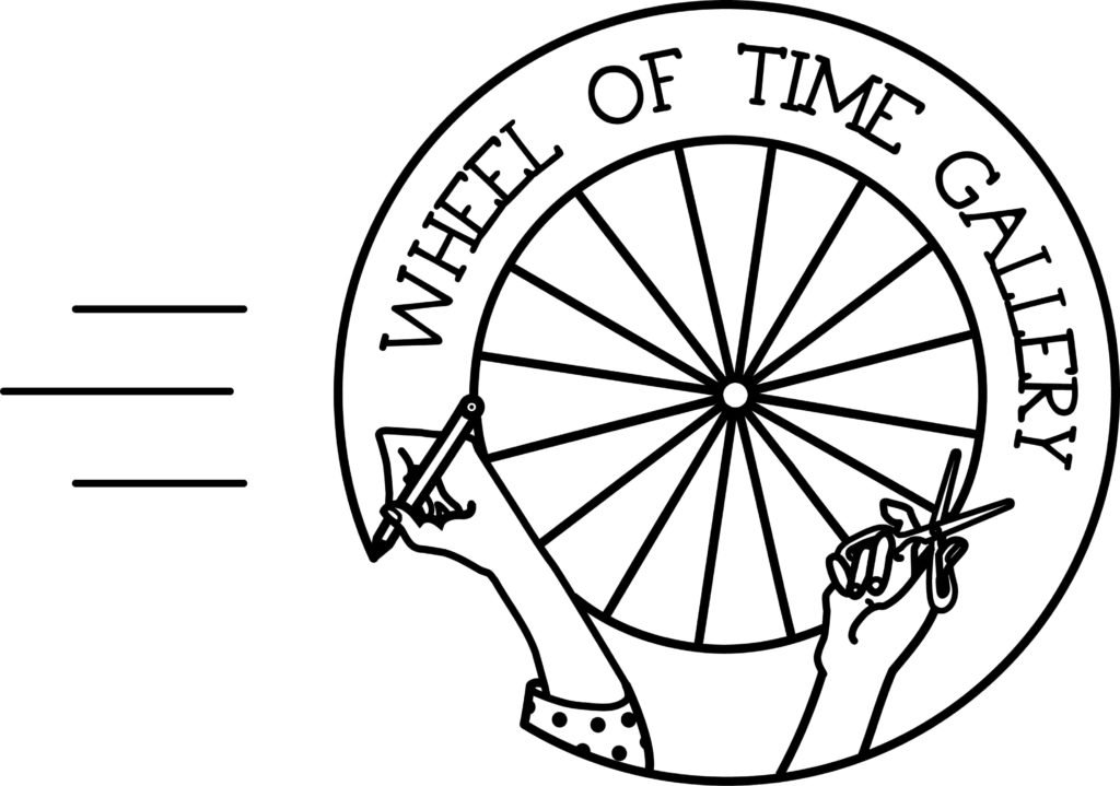 Wheel of Time Gallery logo — a bicycle wheel with speed lines, a clown's boot at bottom, and a hand holding scissors