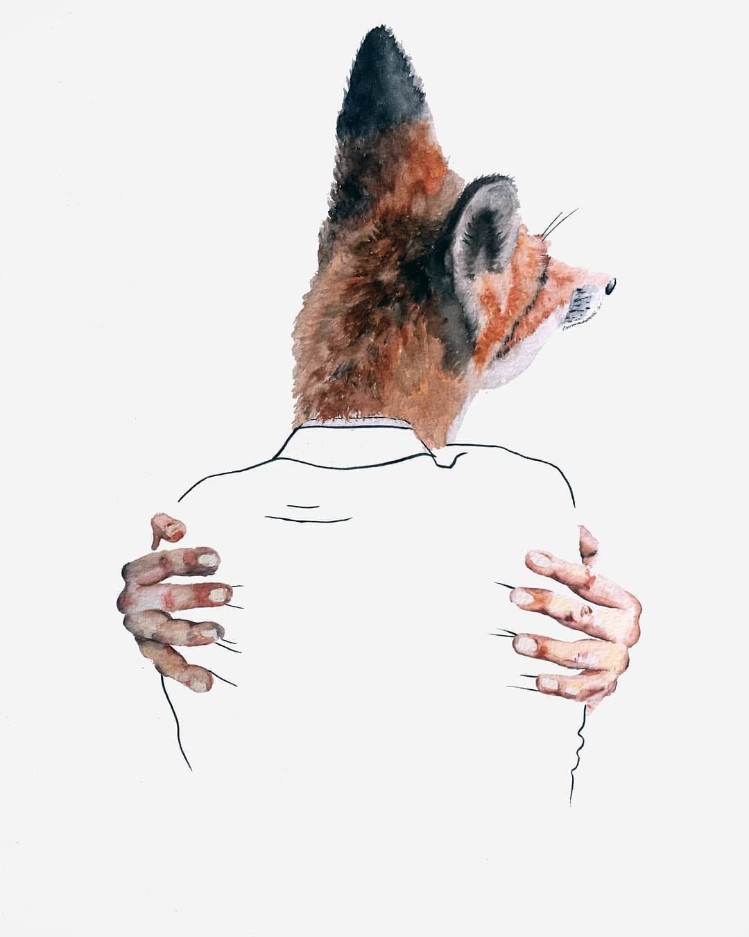 Watercolour painting of a figure seen from behind, with a fox head